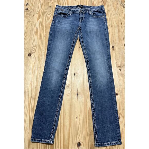 REROCK For Express Jeans Embroidered Skinny Whiskered Thick Stitch Denim Sz 8 R - Picture 1 of 8